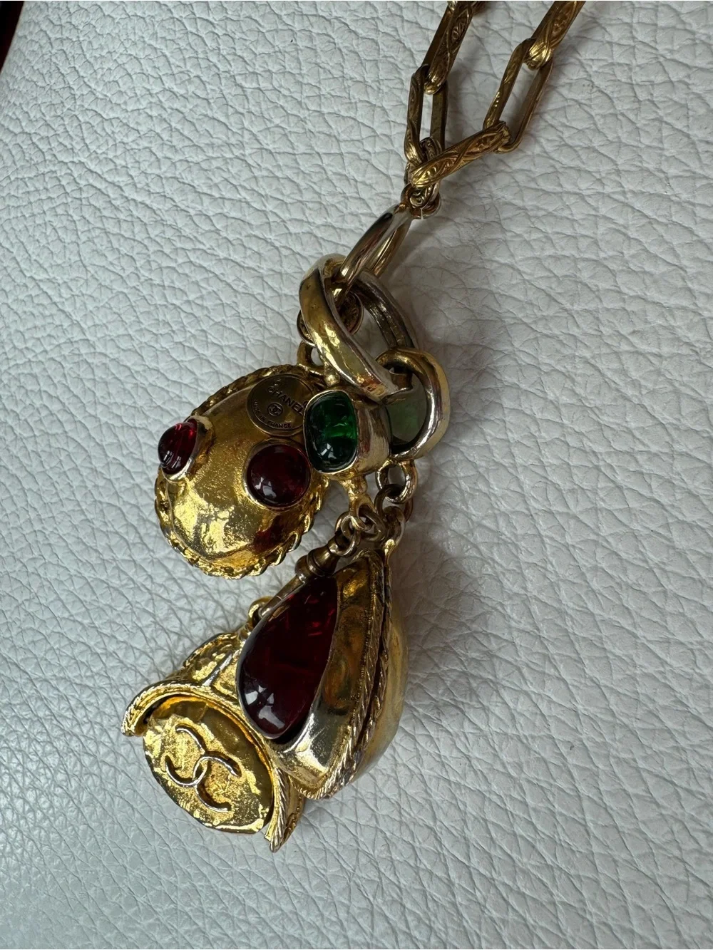 Chanel 24K Gold Plated Gripoix Fidget Multi-Pendant Necklace w/ Unique chain COA